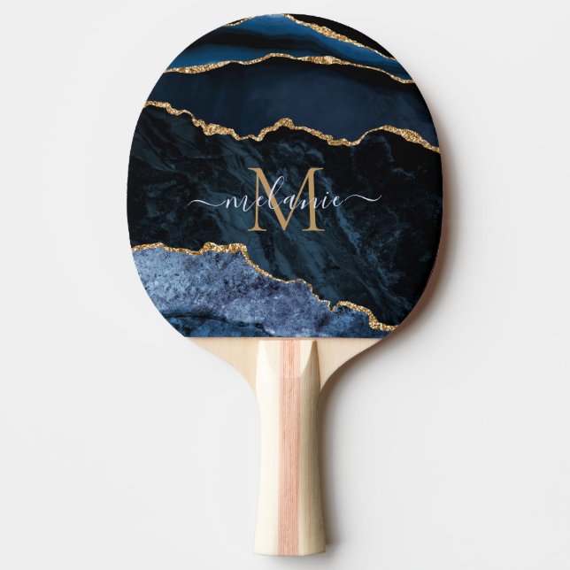 Navy Blue Gold Custom Letter Name Ping Pong Paddle Tischtennis Schläger (Vorderseite)