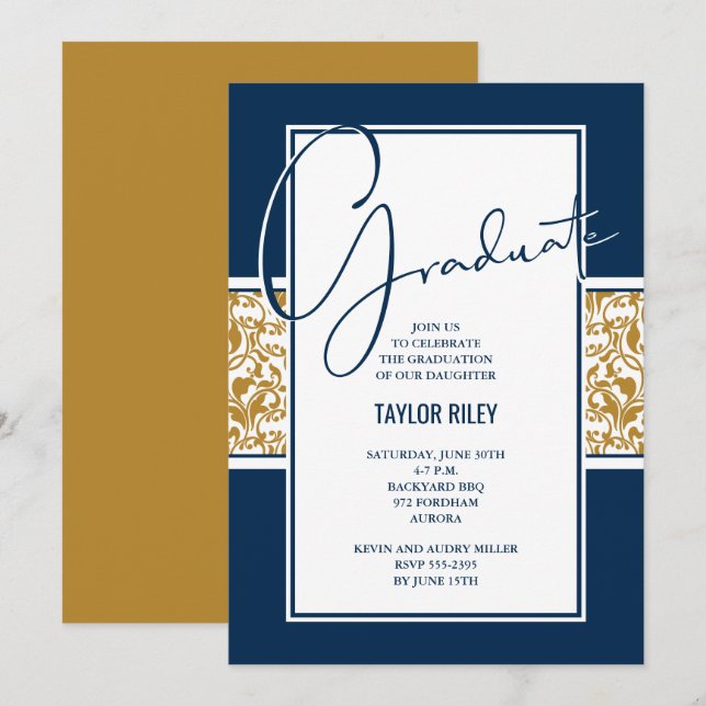 Navy Blue Gold Damask Abschluss Einladung (Vorne/Hinten)