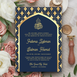 Navy Blue Gold Diamonds Arch Muslim Wedding Einladung