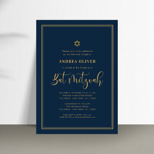 Navy Blue & Gold Doppelrahmen Script Bat Mitzvah Einladung