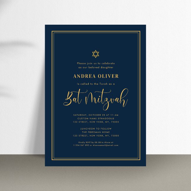 Navy Blue & Gold Doppelrahmen Script Bat Mitzvah Einladung (Von Creator hochgeladen)