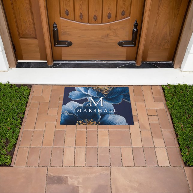 Navy Blue Gold Elegant Floral Monogram Family Name Fußmatte (Außenbereich)