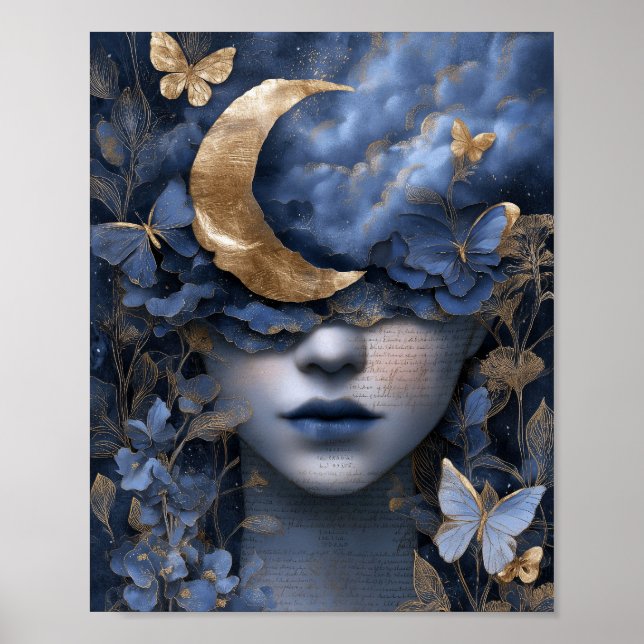 Navy Blue Gold Fantasy Surreal Moon Woman Wall Art Poster (Vorne)