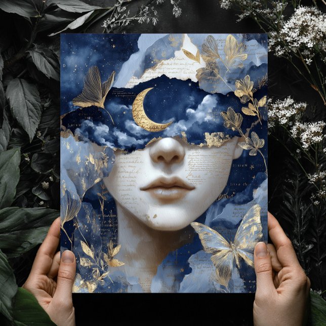 Navy Blue Gold Fantasy Surreal Moon Woman Wall Art Poster (Von Creator hochgeladen)