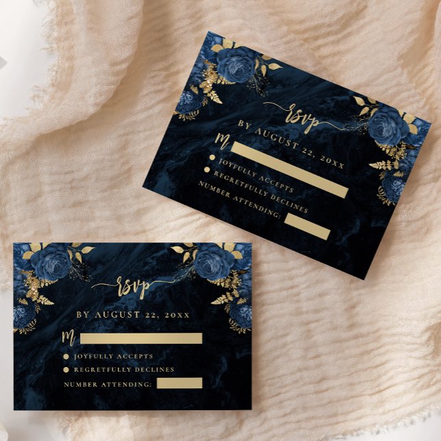 Navy Blue Gold Floral Agate Script Hochzeit RSVP Begleitkarte (Von Creator hochgeladen)