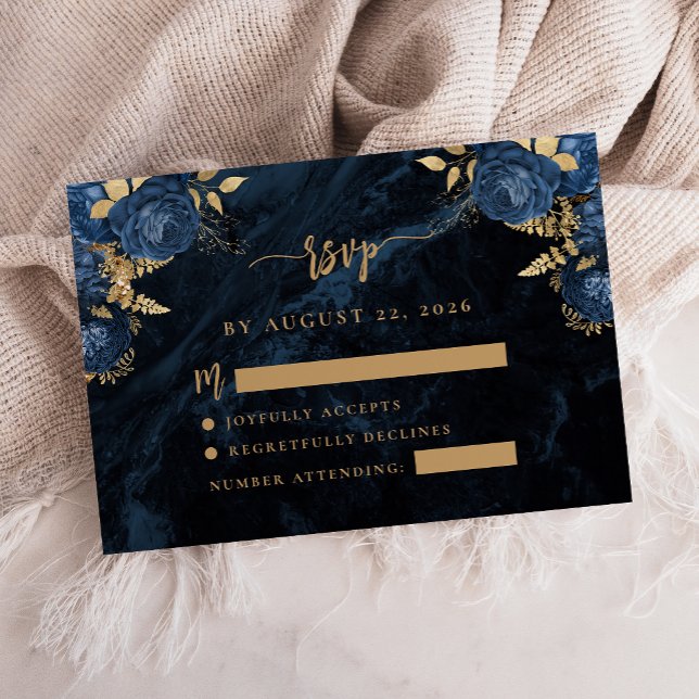 Navy Blue Gold Floral Agate Script Hochzeit RSVP Begleitkarte (Von Creator hochgeladen)