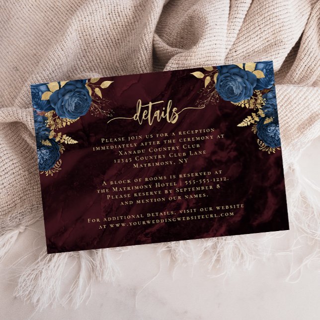 Navy Blue Gold Floral Burgundy Wedding Details Begleitkarte (Von Creator hochgeladen)