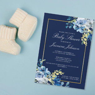 Navy Blue Gold Floral Elegant Baby Shower Einladung