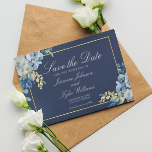 Navy Blue Gold Floral Elegant Evening Save The Date