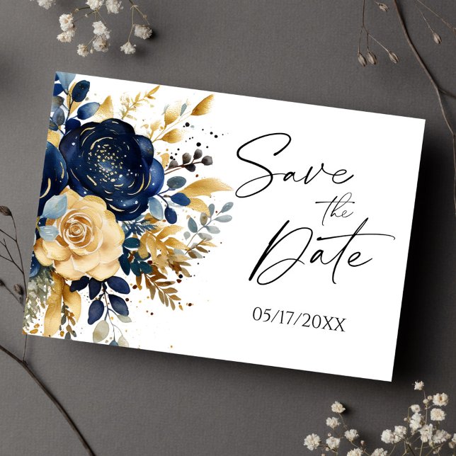 Navy Blue Gold Floral Elegant Save the Date Ankündigungspostkarte (Navy Blue Gold Floral Elegant Save The Date Announcement Postcard)