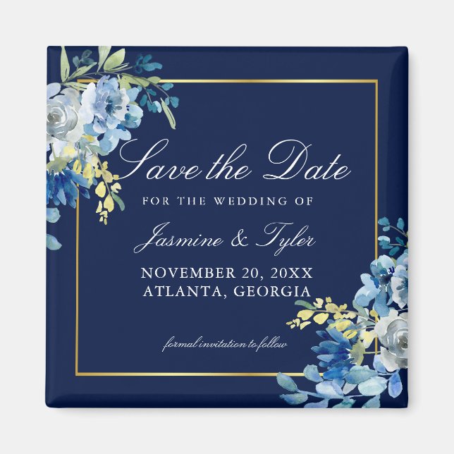 Navy Blue Gold Floral Elegant Save the Date Magnet (Vorne)