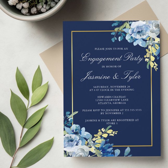 Navy Blue Gold Floral Elegante Engagement Party Einladung (Von Creator hochgeladen)