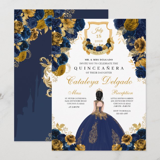 Navy Blue & Gold Floral Elegante Quinceñera Einladung (Vorne/Hinten)