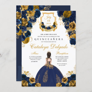 Navy Blue & Gold Floral Elegante Quinceñera Einladung