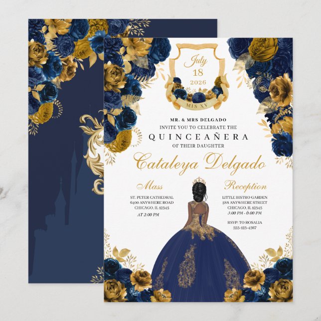 Navy Blue & Gold Floral Elegante Quinceñera Einladung (Vorne/Hinten)