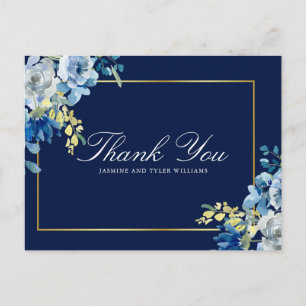 Navy Blue Gold Floral Elegantes Skript Vielen Dank Postkarte