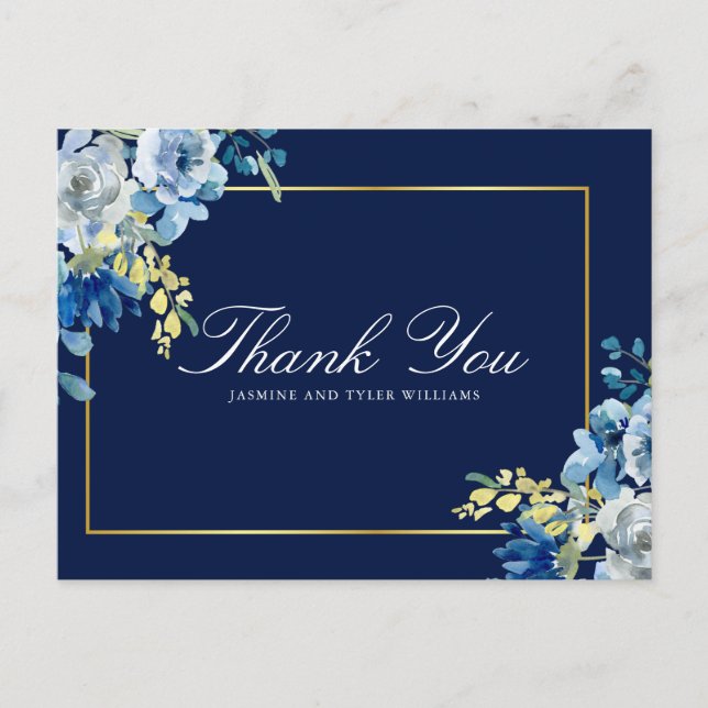 Navy Blue Gold Floral Elegantes Skript Vielen Dank Postkarte (Vorderseite)