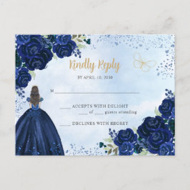 Navy Blue Gold Floral Princess Quinceañera RSVP Postkarte
