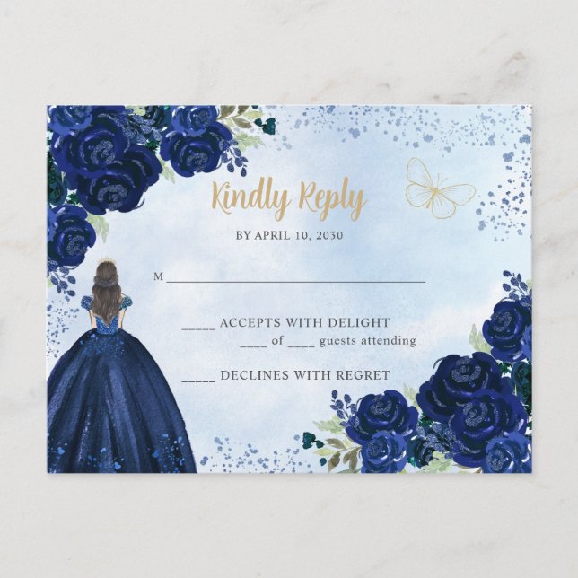 Navy Blue Gold Floral Princess Quinceañera RSVP Postkarte (Vorderseite)