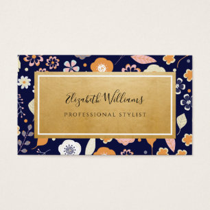 Navy Blue Gold Florals Stylist Business Cards
