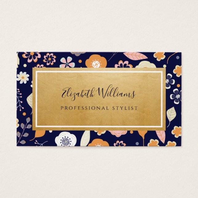 Navy Blue Gold Florals Stylist Business Cards (Vorderseite)