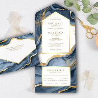 Navy Blue Gold Foil Abstrakt Fluid Ink Wedding