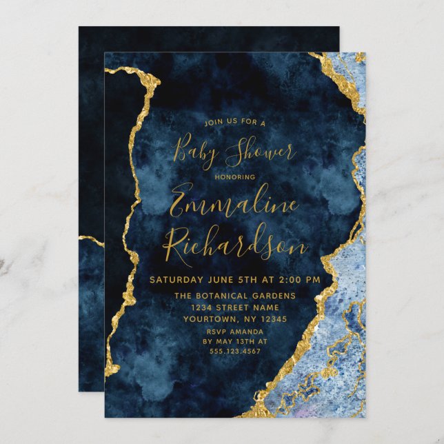 Navy Blue & Gold Foil Agate Baby Shower Einladung (Vorne/Hinten)