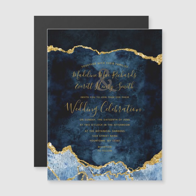 Navy Blue Gold Foil Agate Gilt Wedding Einladung (Vorne/Hinten)