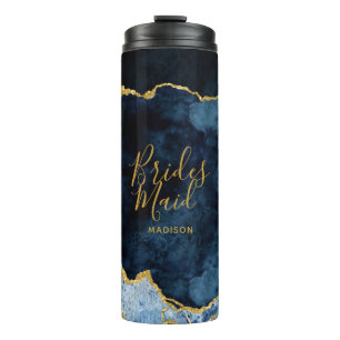 Navy Blue & Gold Foil Agate Marble Bridesmaid Thermosbecher