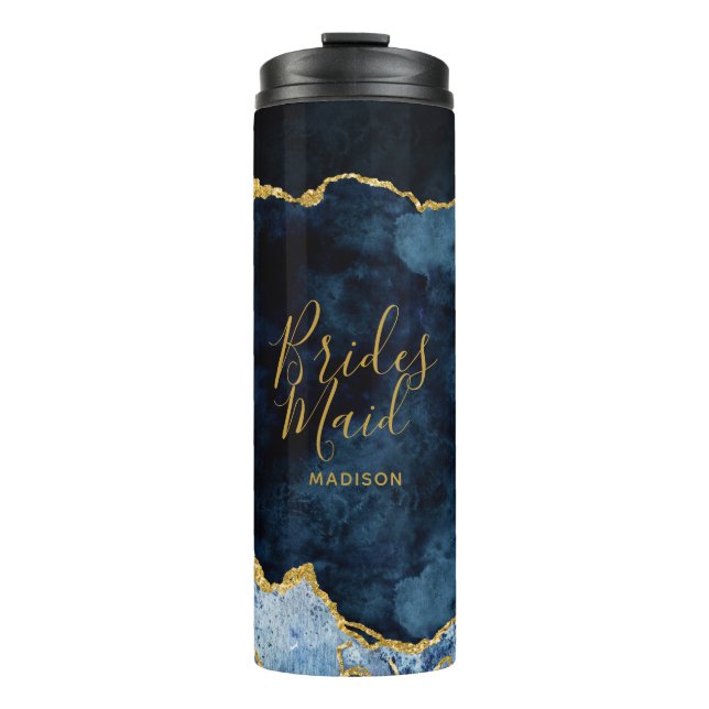Navy Blue & Gold Foil Agate Marble Bridesmaid Thermosbecher (Vorderseite)
