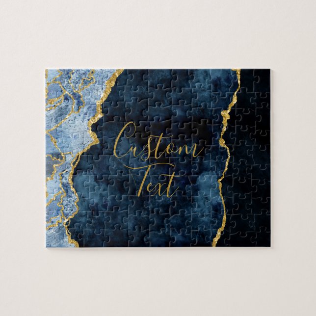 Navy Blue & Gold Foil Agate Marble Custom Text Puzzle (Horizontal)