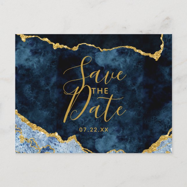 Navy Blue Gold Foil Agate Marmor Save the Date Ankündigungspostkarte (Vorderseite)