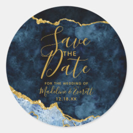 Navy Blue Gold Foil Agate Marmor Save the Date Runder Aufkleber