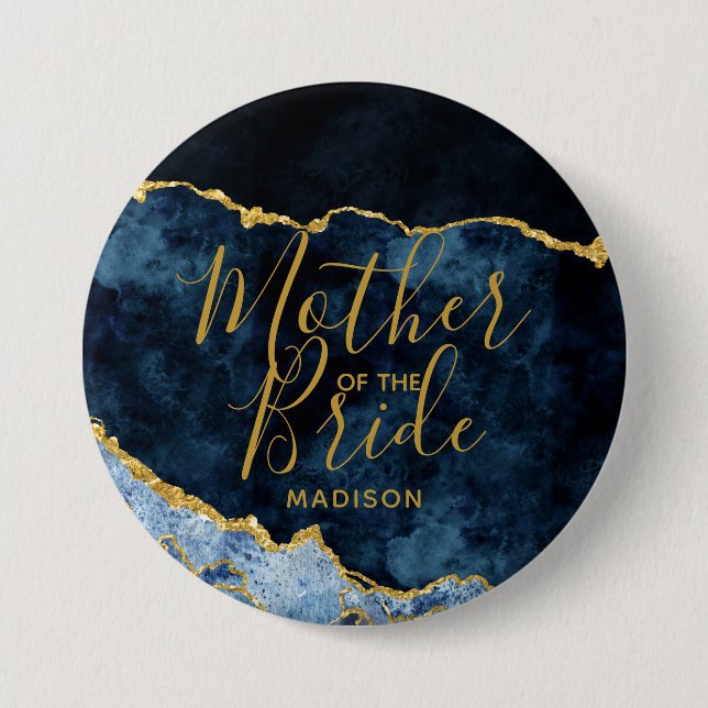 Navy Blue & Gold Foil Agate Mutter der Braut Button (Vorderseite)