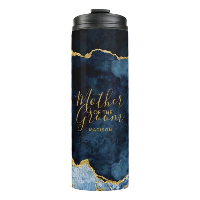 Navy Blue & Gold Foil Agate Mutter des Bräutigams Thermosbecher (Vorderseite)