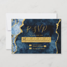 Navy Blue Gold Foil Agate Wedding RSVP Response Karte