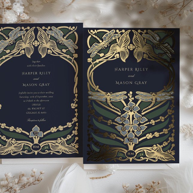 Navy Blue Gold Foil Art Nouveau Dragonfly Hochzeit Folieneinladung (Von Creator hochgeladen)