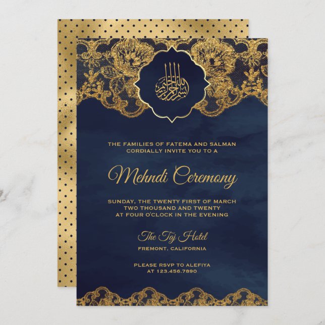 Navy Blue Gold Foil Lace Islamic Mehndi Einladung (Vorne/Hinten)