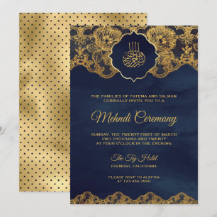 Navy Blue Gold Foil Lace Islamic Mehndi Einladung