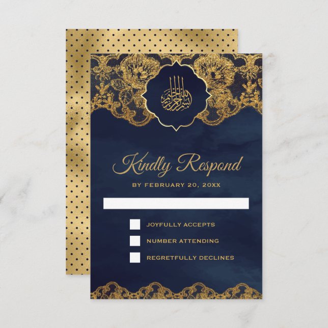 Navy Blue Gold Foil Lace Islamische Hochzeit RSVP Karte (Vorne/Hinten)
