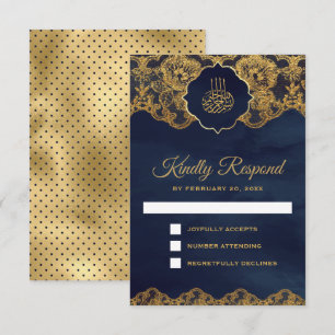 Navy Blue Gold Foil Lace Islamische Hochzeit RSVP Karte