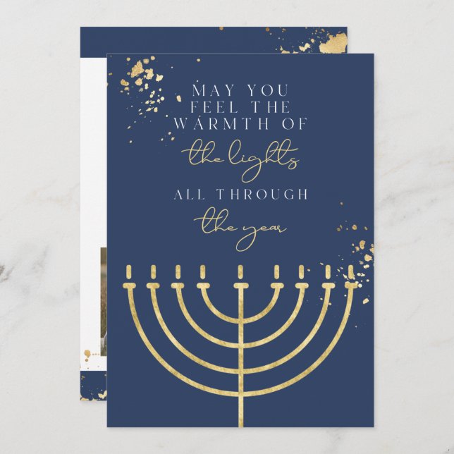 Navy Blue Gold Foil Menorah Hanukkah Card Einladung (Vorne/Hinten)