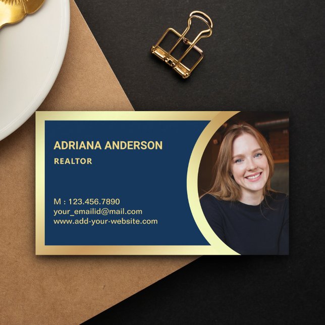 Navy Blue Gold Foil Real Anwesen Foto Realtor Visitenkarte (Von Creator hochgeladen)