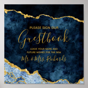 Navy Blue Gold Foil Wedding Guestbook Table Sign Poster