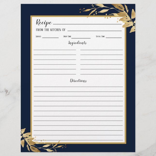Navy Blue Gold Foliage Recipe Binder Page (Vorderseite)