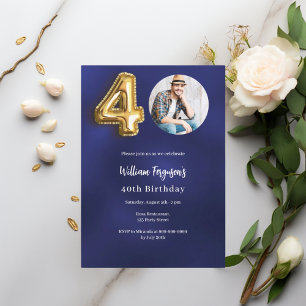 Navy Blue Gold Foto 40. Geburtstag Einladung