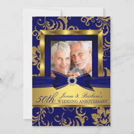 Navy Blue Gold Foto 50. Hochzeitstag Einladung