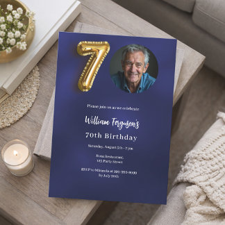 Navy Blue Gold Foto 70. Geburtstag Einladung