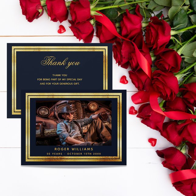 Navy Blue Gold Foto Dankeschön Karte (Von Creator hochgeladen)