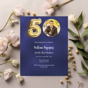 Navy Blue Gold Foto Einladung zum 50. Geburtstag